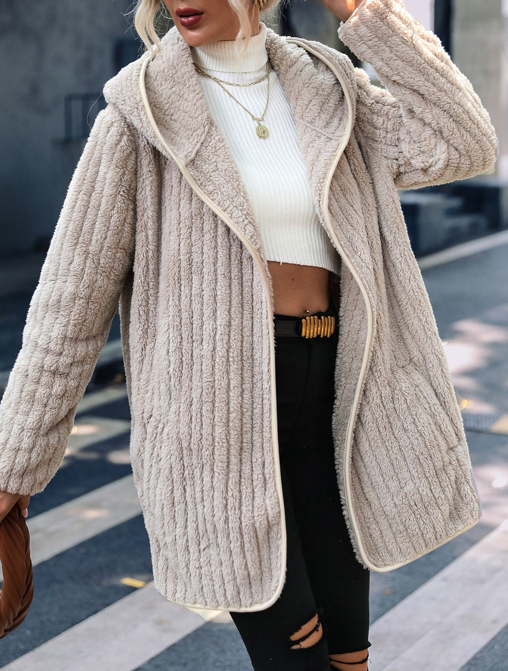 Hooded Ribbed Plush Open Front Cardigan - view 1