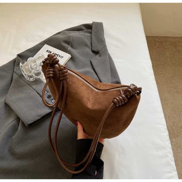 Faux Suede Half Moon Shoulder Bag with Knotted Strap - Coffee