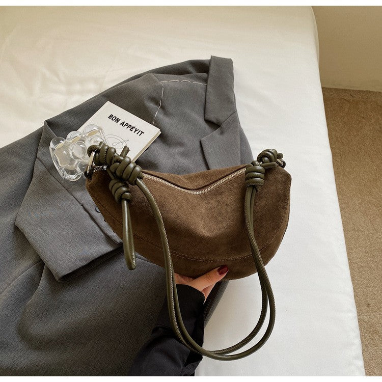 Faux Suede Half Moon Shoulder Bag with Knotted Strap - Olive