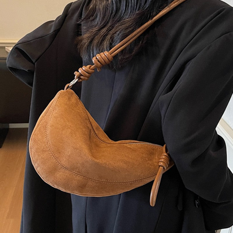Faux Suede Half Moon Shoulder Bag with Knotted Strap
