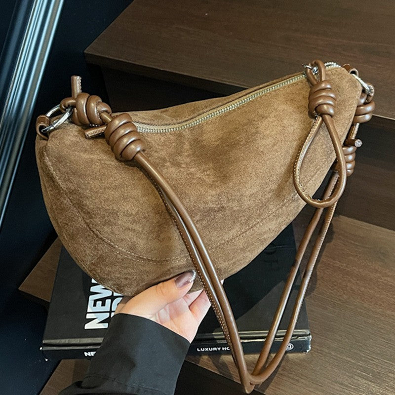 Faux Suede Half Moon Shoulder Bag with Knotted Strap