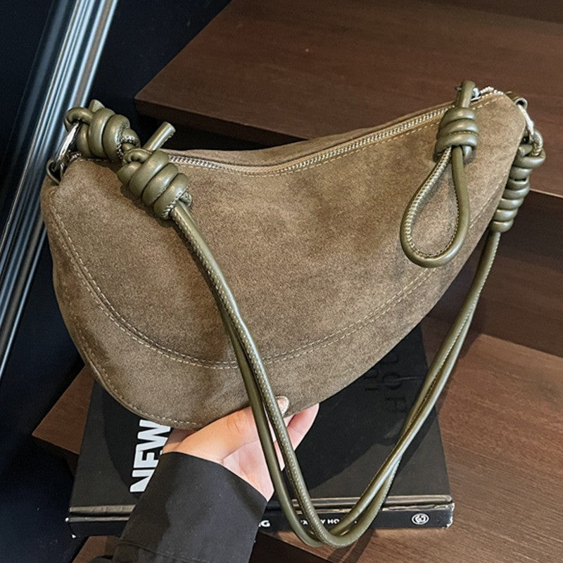 Faux Suede Half Moon Shoulder Bag with Knotted Strap