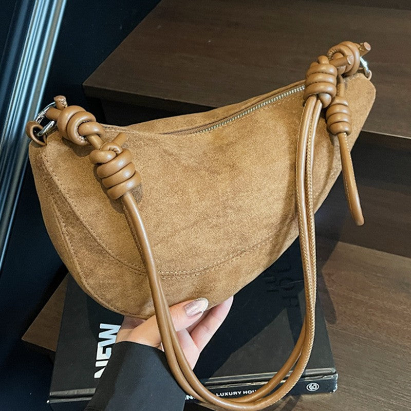 Faux Suede Half Moon Shoulder Bag with Knotted Strap