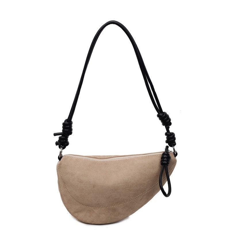 Faux Suede Half Moon Shoulder Bag with Knotted Strap