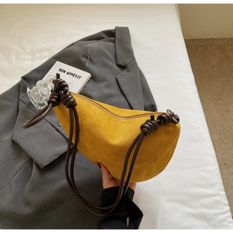 Faux Suede Half Moon Shoulder Bag with Knotted Strap