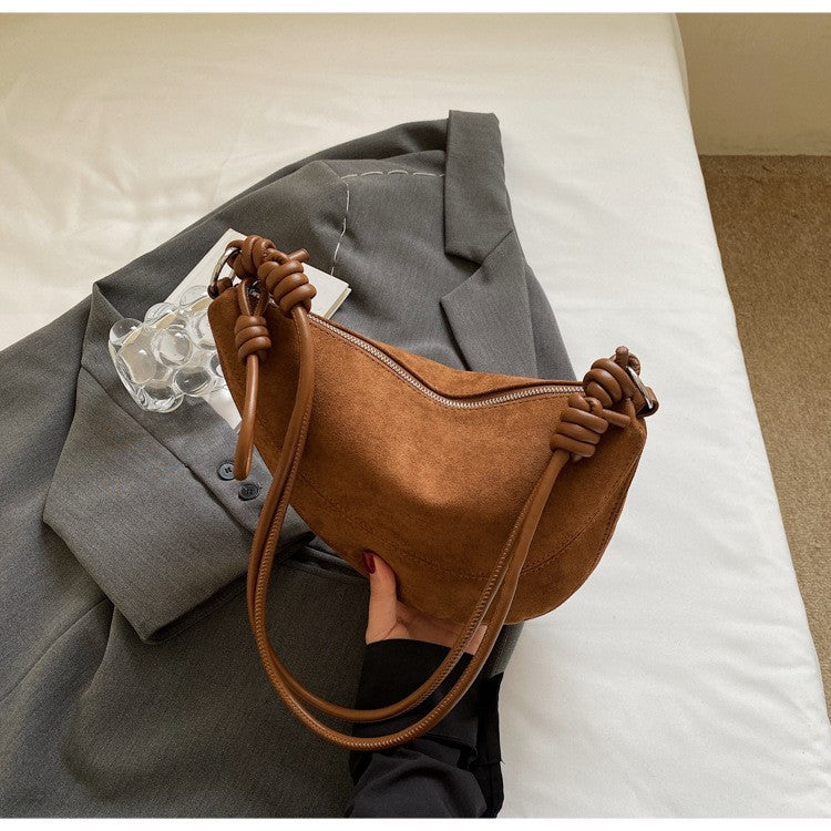 Faux Suede Half Moon Shoulder Bag with Knotted Strap