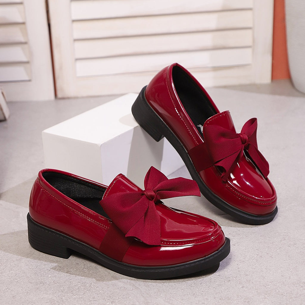 Patent Satin Bow Chunky Sole Loafers - Burgundy