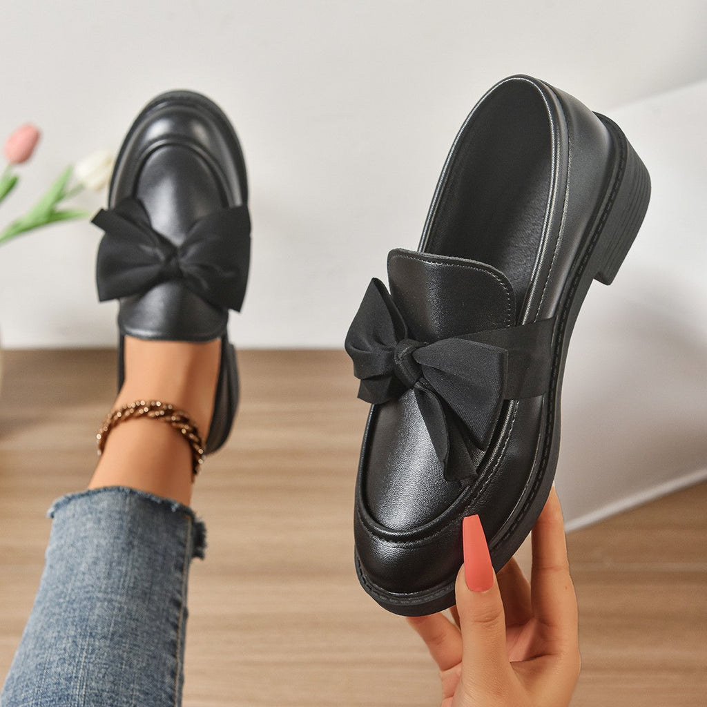 Patent Satin Bow Chunky Sole Loafers - Matte Black