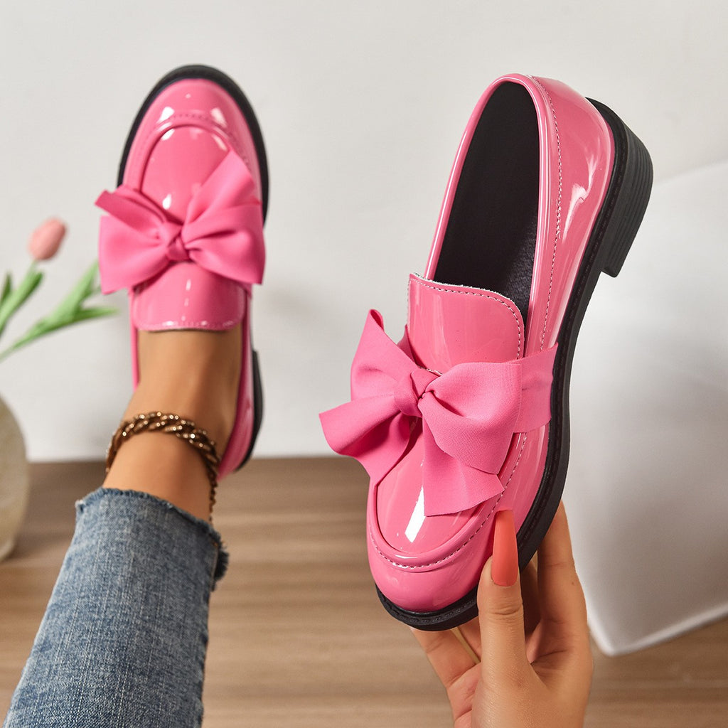 Patent Satin Bow Chunky Sole Loafers - Pink