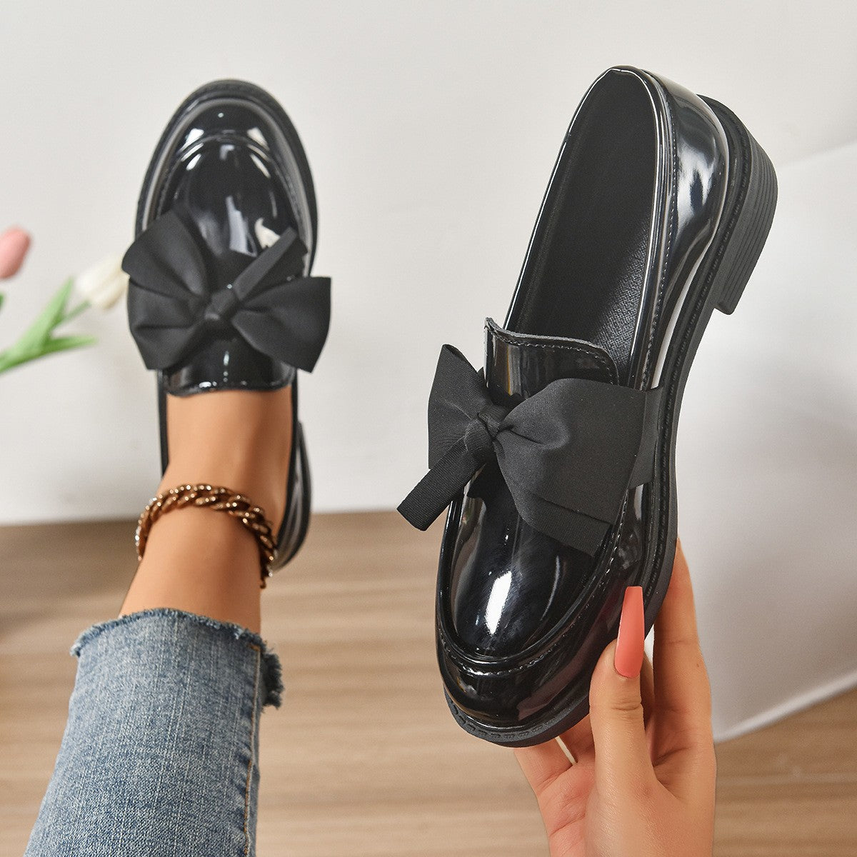 Patent Satin Bow Chunky Sole Loafers