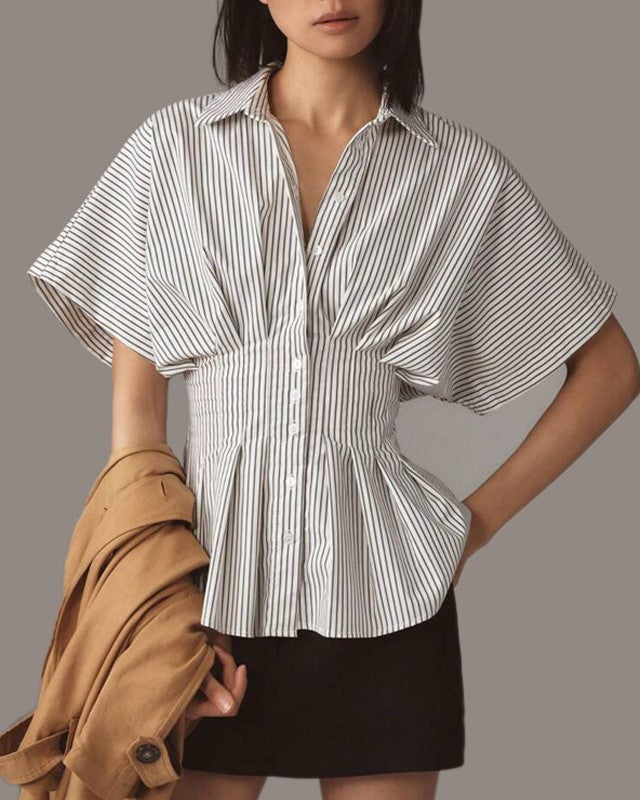 Pinstripe Peplum Blouse With Cinched Waist - Black