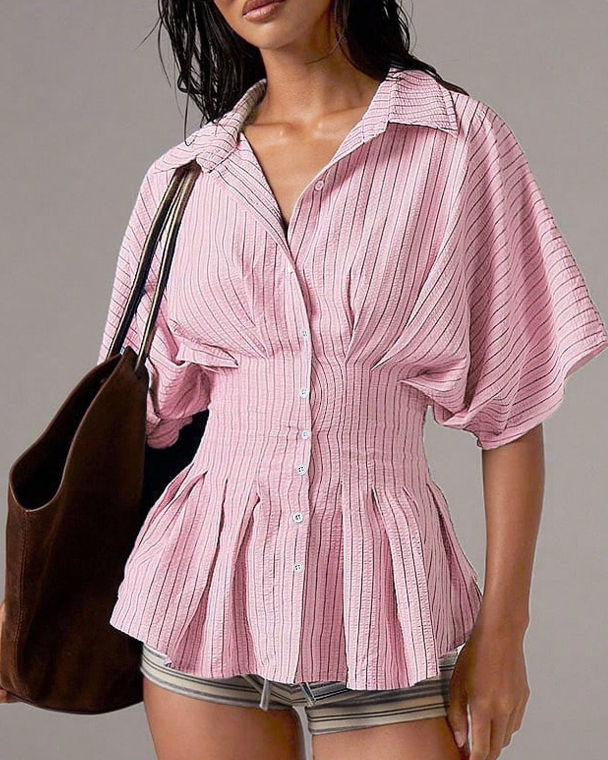 Pinstripe Peplum Blouse With Cinched Waist - Pink