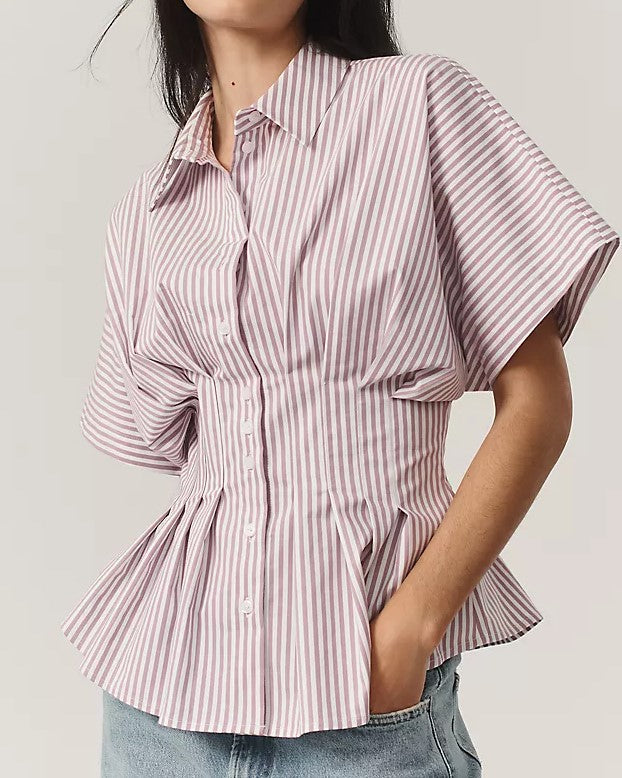 Pinstripe Peplum Blouse With Cinched Waist - Red