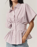 Pinstripe Peplum Blouse With Cinched Waist - Red
