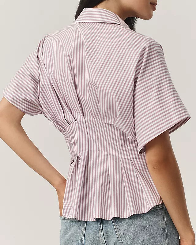 Pinstripe Peplum Blouse With Cinched Waist - Red - 1