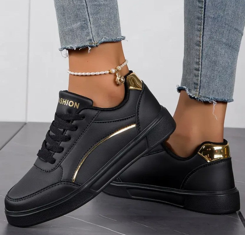 Metallic Trim Lace Up Court Sneakers - Black