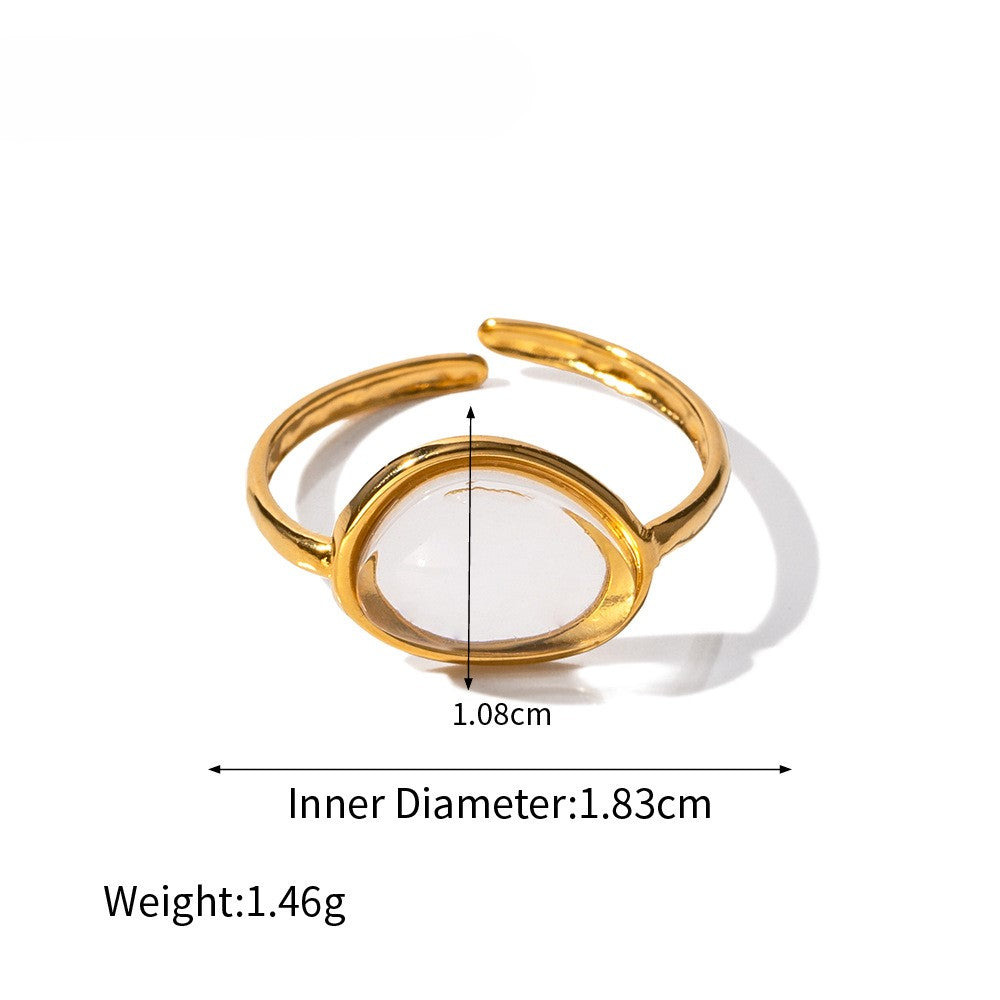 Oval Glass Stone Adjustable Ring - Gold