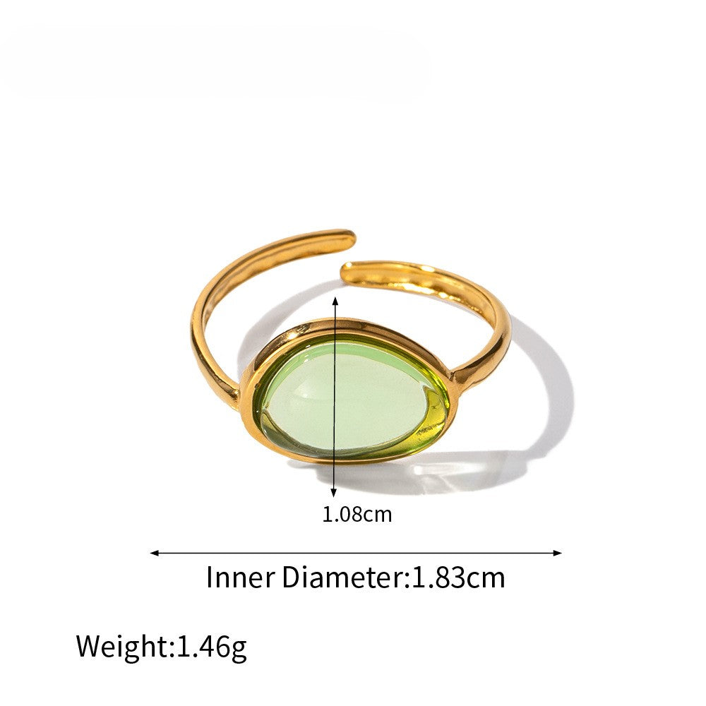 Oval Glass Stone Adjustable Ring - Green