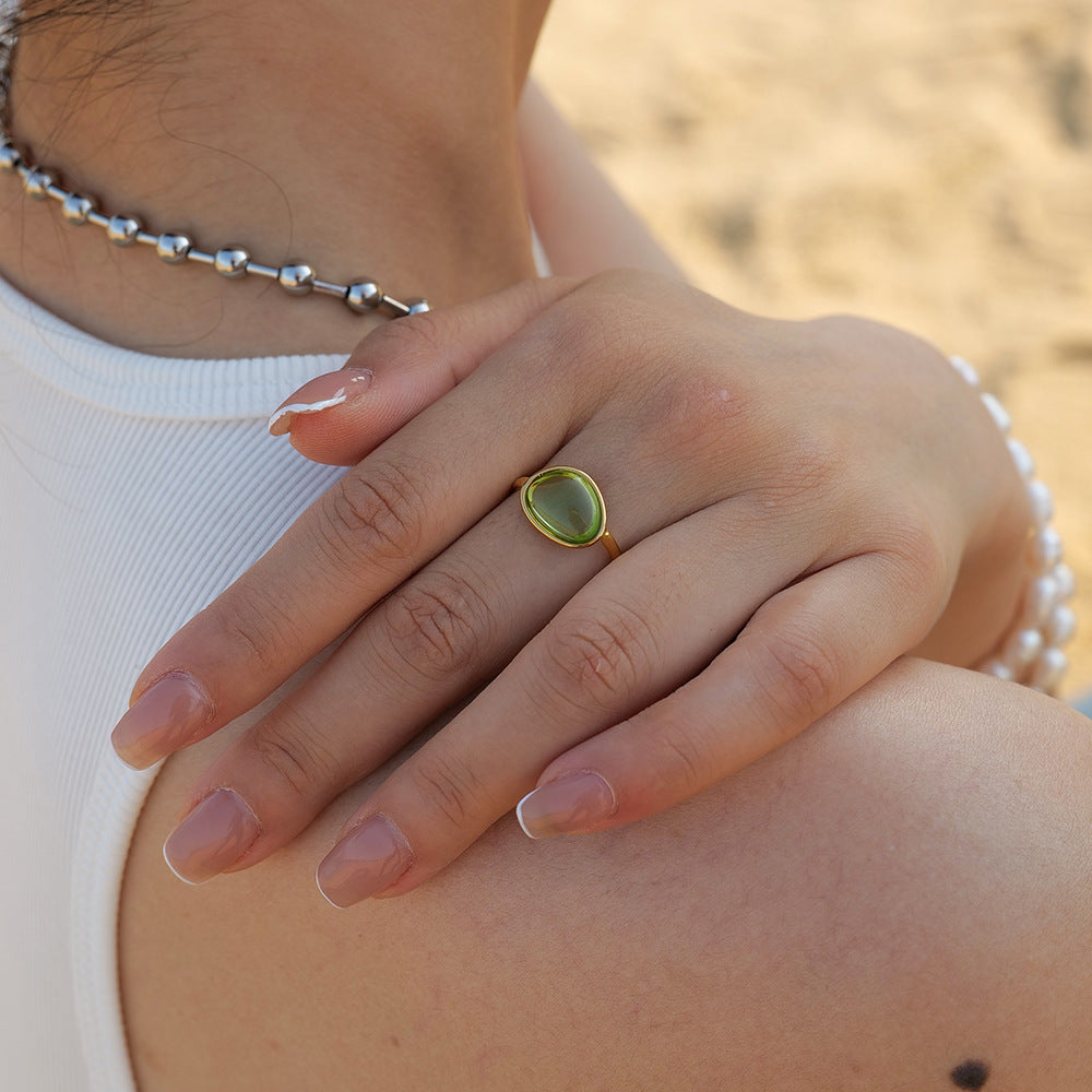 Oval Glass Stone Adjustable Ring - Green - 1