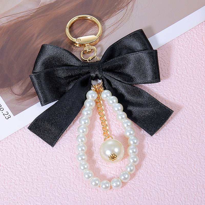 Satin Bow Pearl Bag Charm Keychain - Black