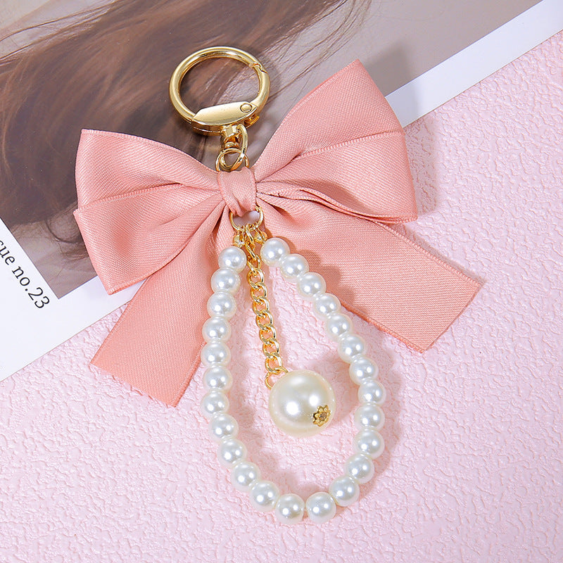 Satin Bow Pearl Bag Charm Keychain - Pink
