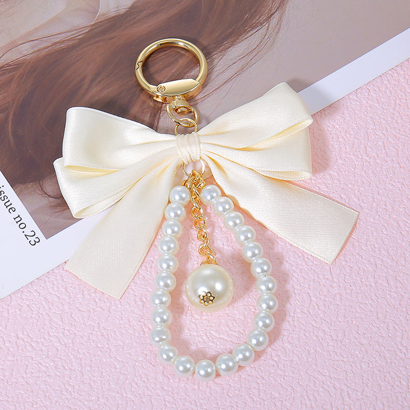 Satin Bow Pearl Bag Charm Keychain - White