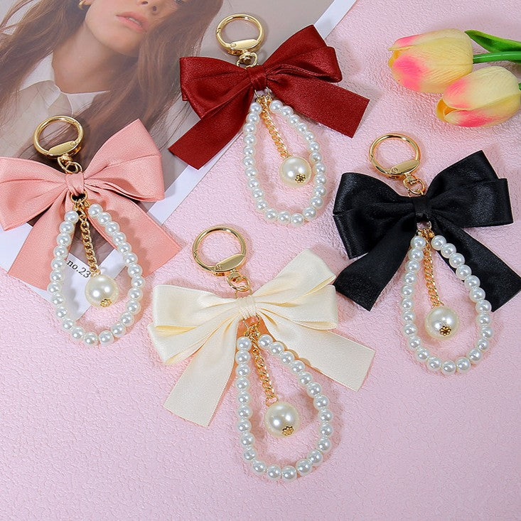 Satin Bow Pearl Bag Charm Keychain