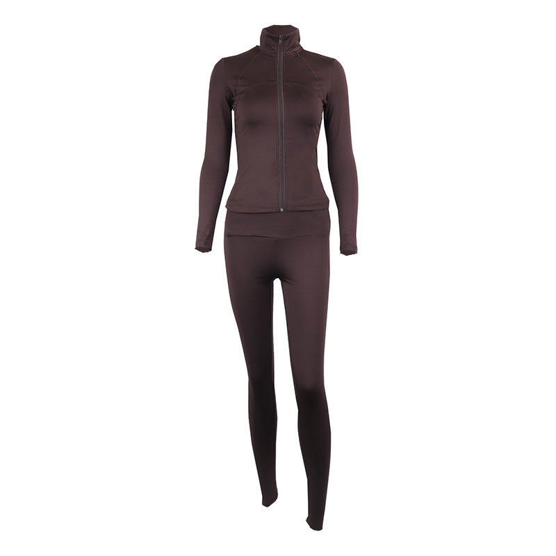 Zip Front Stand Collar Jacket Legging Set - Brown