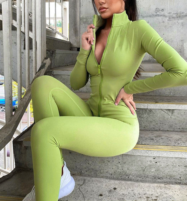 Zip Front Stand Collar Jacket Legging Set - Green
