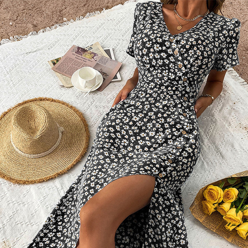 Ditsy Floral Button Front Midi Dress - Black