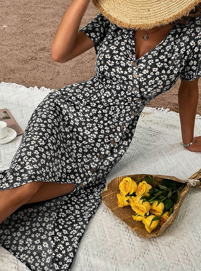 Ditsy Floral Button Front Midi Dress - Black - 1