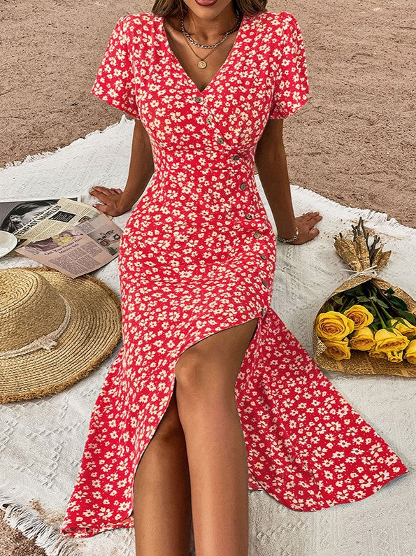 Ditsy Floral Button Front Midi Dress - Red