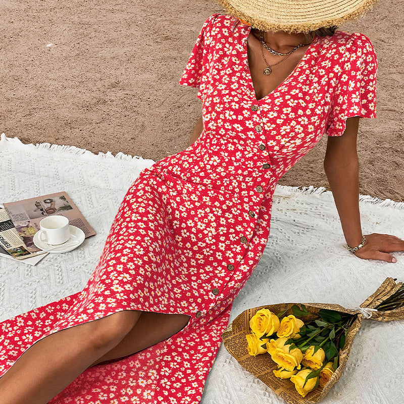 Ditsy Floral Button Front Midi Dress - Red - 1