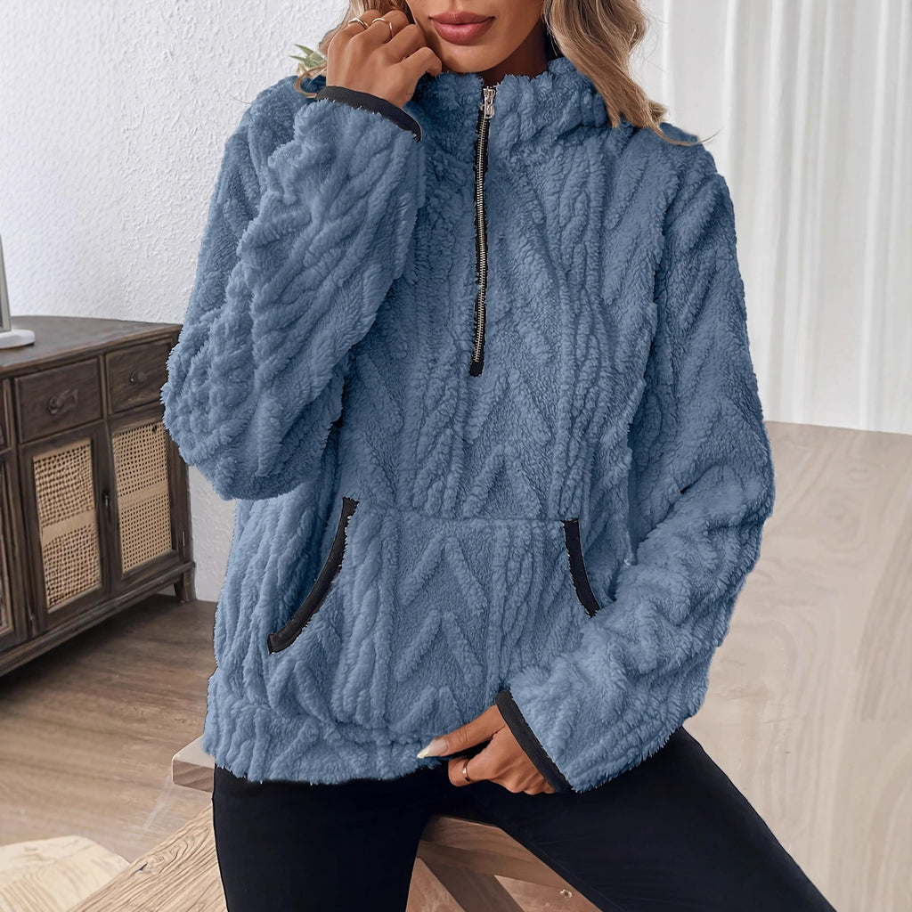 Embossed Plush Fleece Quarter Zip Sweatshirt - Blue