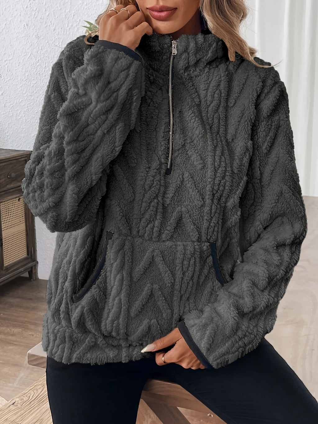 Embossed Plush Fleece Quarter Zip Sweatshirt - DarkGray