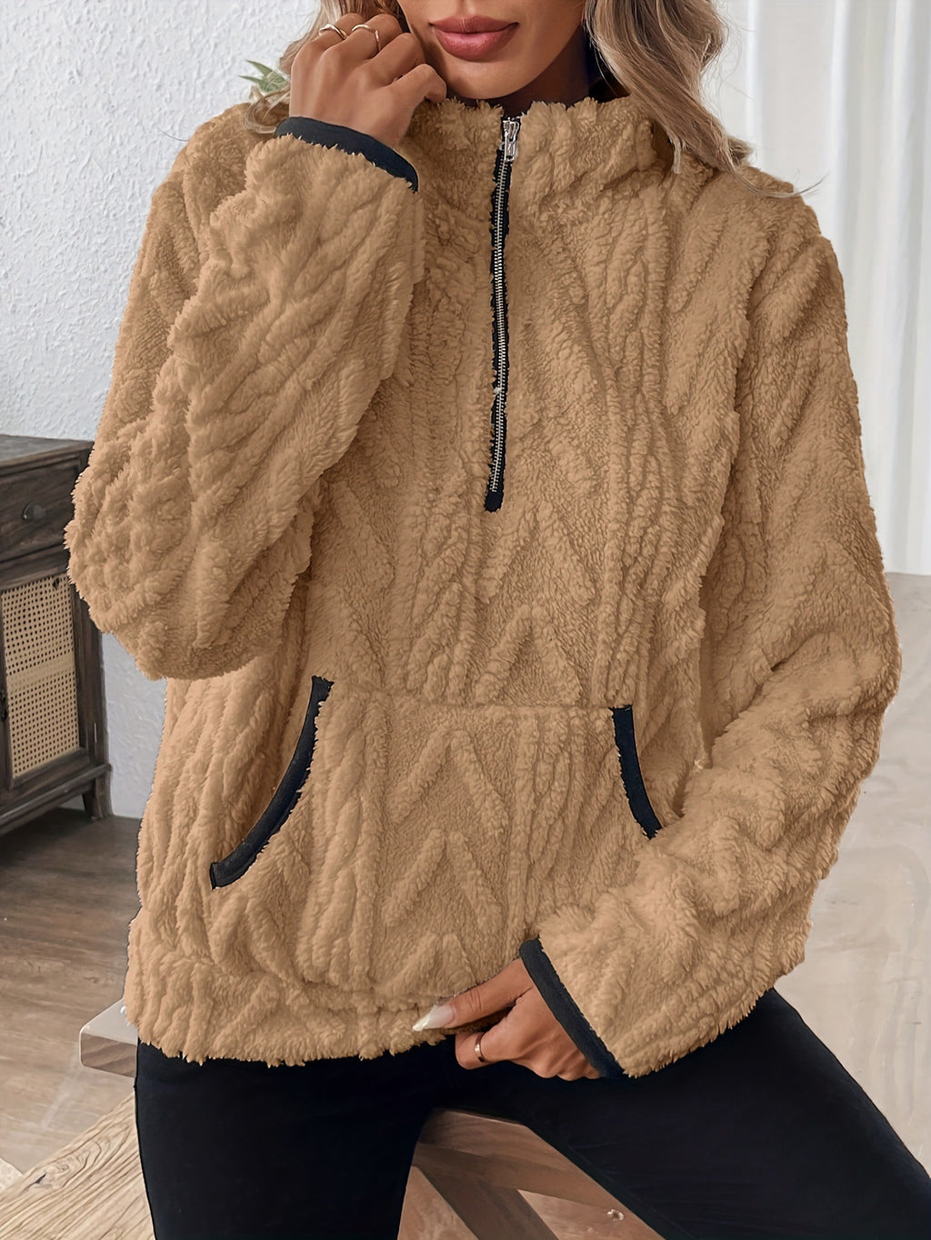 Embossed Plush Fleece Quarter Zip Sweatshirt - Khaki