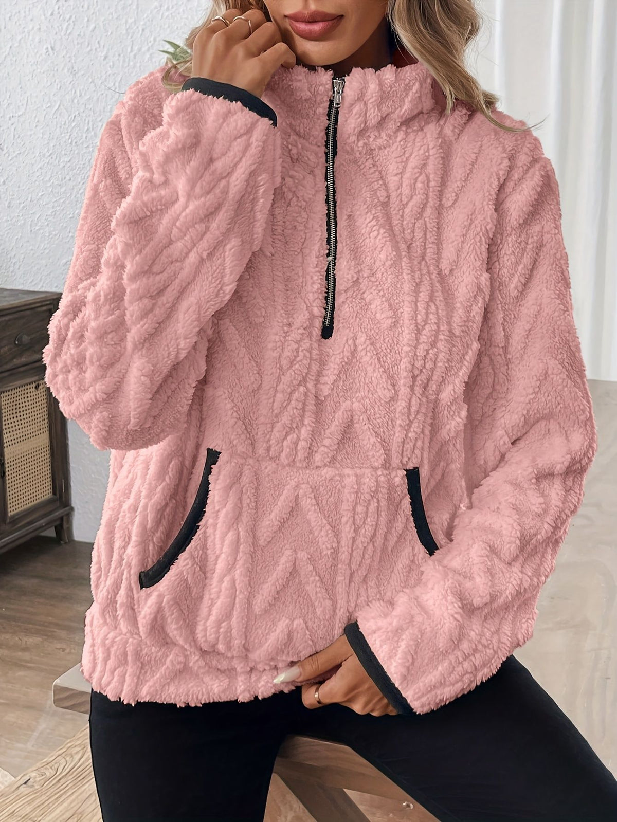 Embossed Plush Fleece Quarter Zip Sweatshirt - Pink