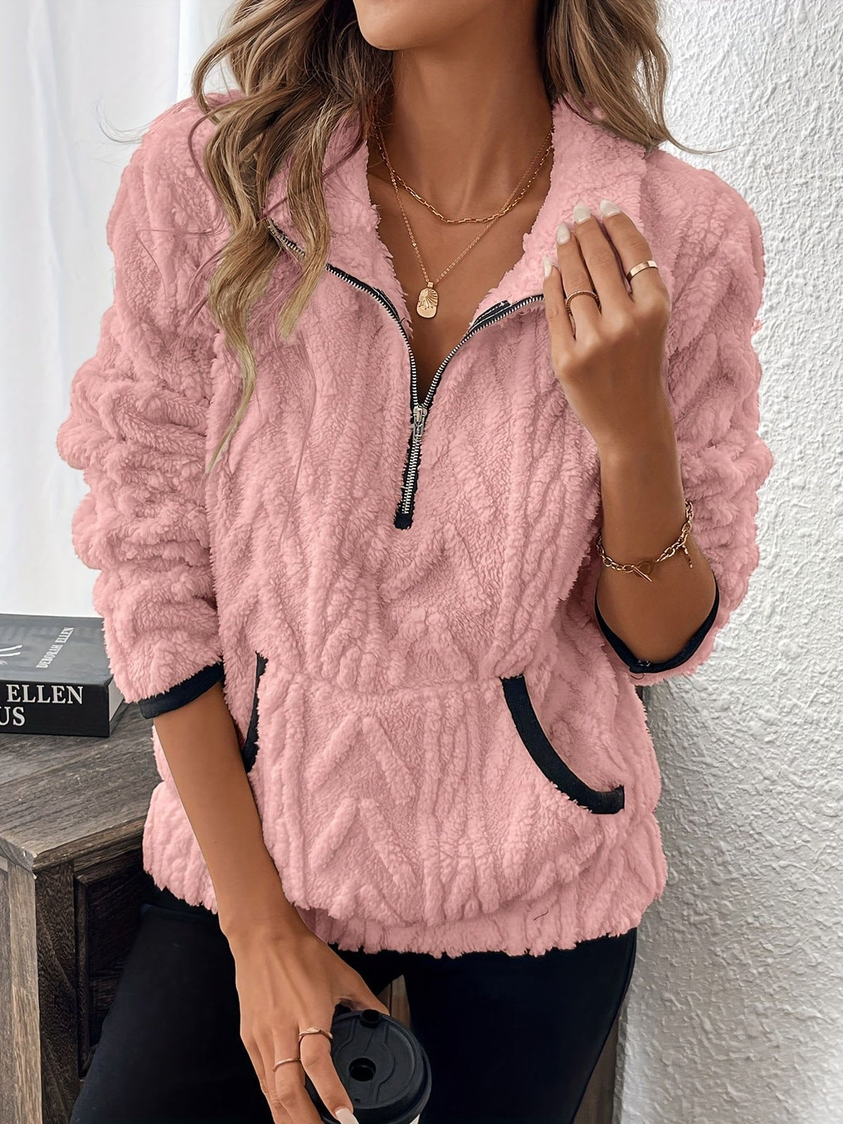 Embossed Plush Fleece Quarter Zip Sweatshirt - Pink - 1