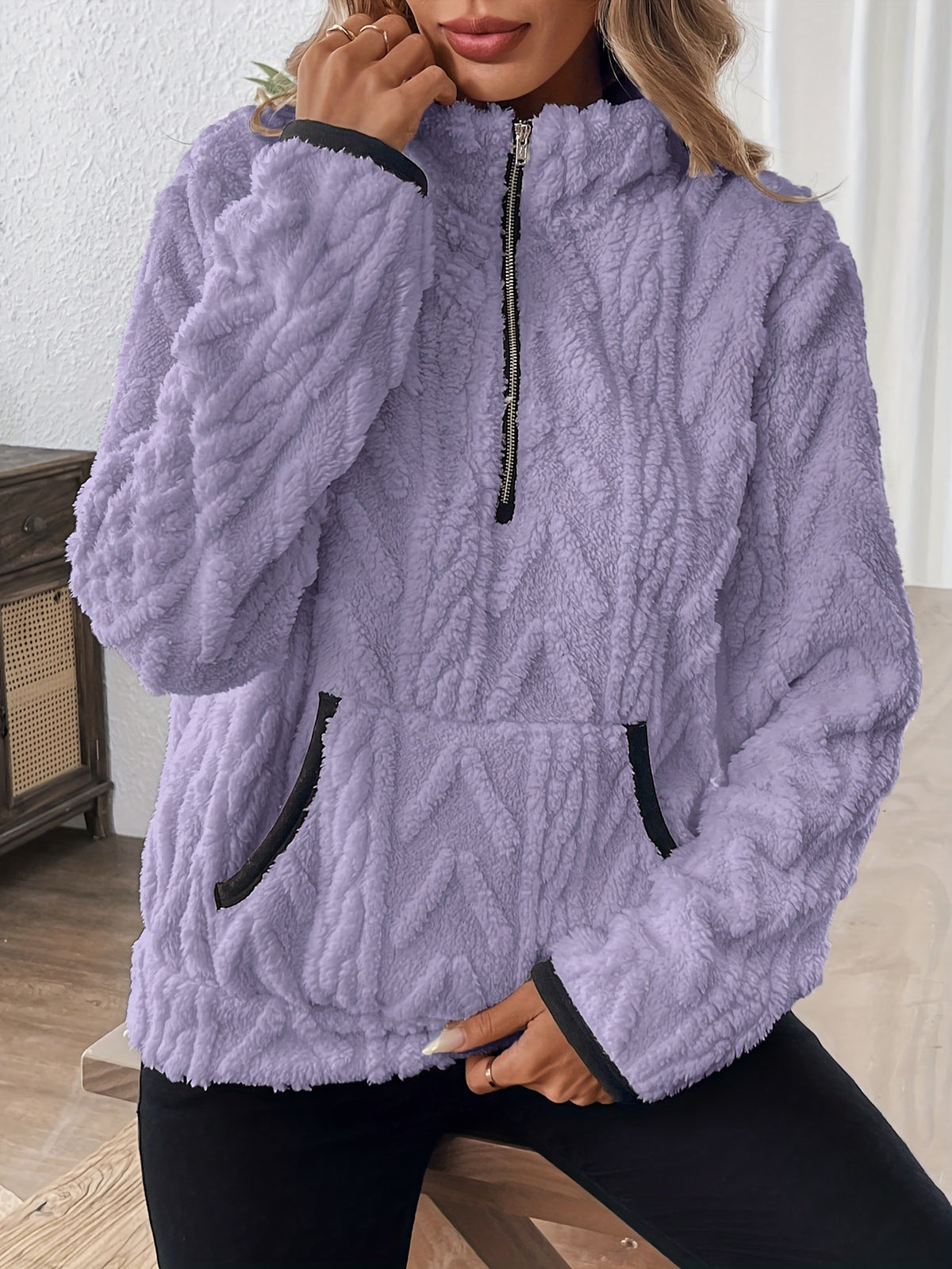 Embossed Plush Fleece Quarter Zip Sweatshirt - Purple