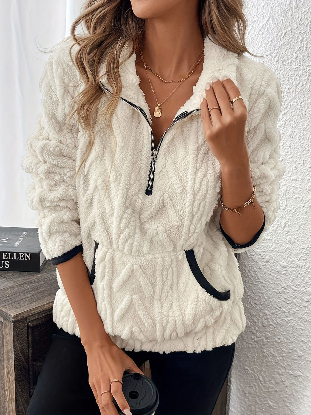 Embossed Plush Fleece Quarter Zip Sweatshirt - White - 1