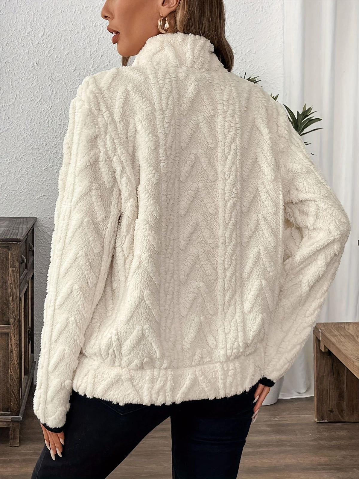 Embossed Plush Fleece Quarter Zip Sweatshirt - White - 2