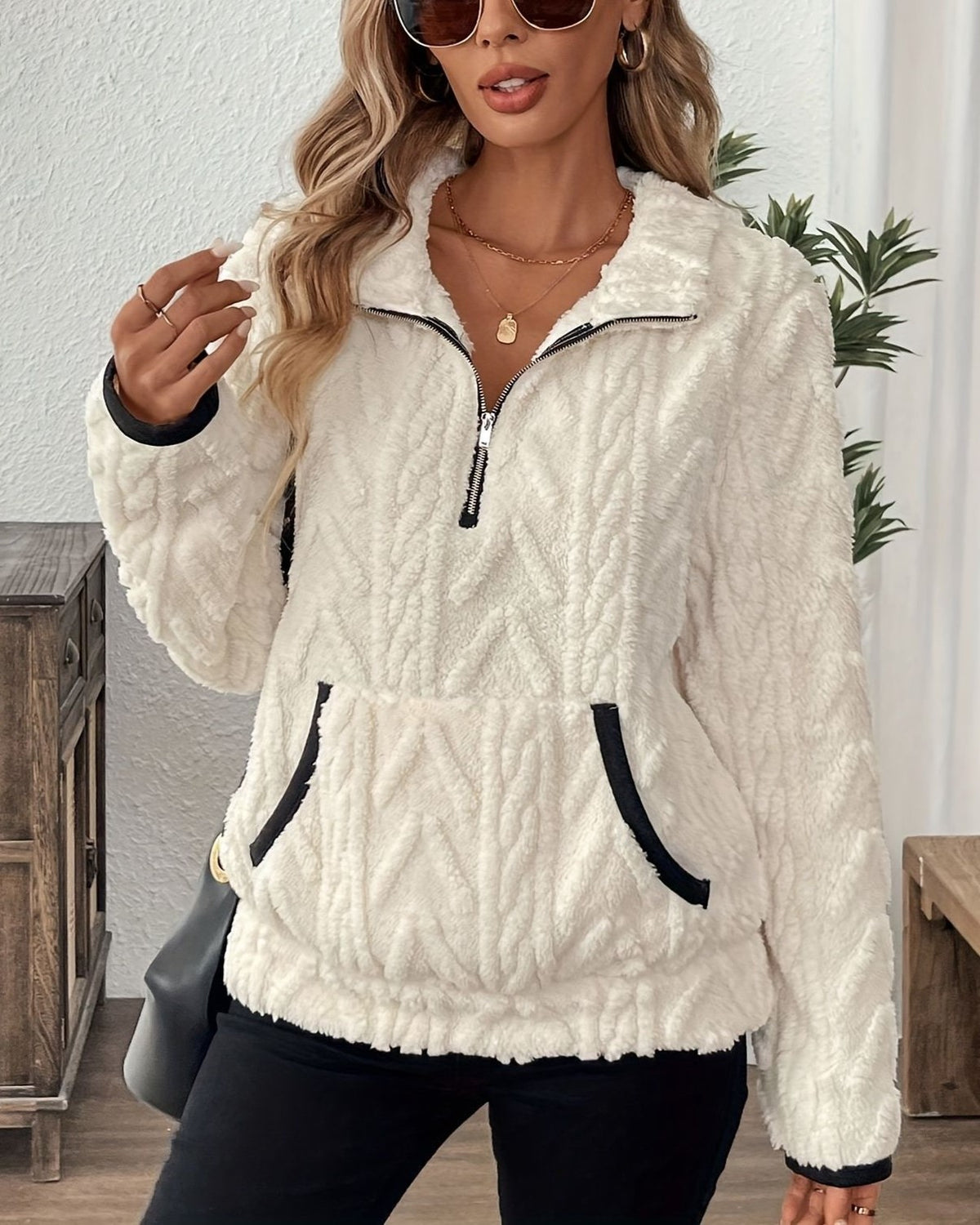 Embossed Plush Fleece Quarter Zip Sweatshirt - White - 3