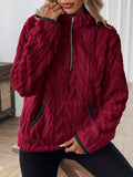 Embossed Plush Fleece Quarter Zip Sweatshirt - WineRed