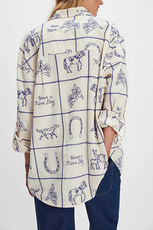 Western Sketch Grid Print Oversized Shirt - Blue - 1