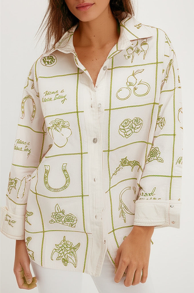 Western Sketch Grid Print Oversized Shirt - Green