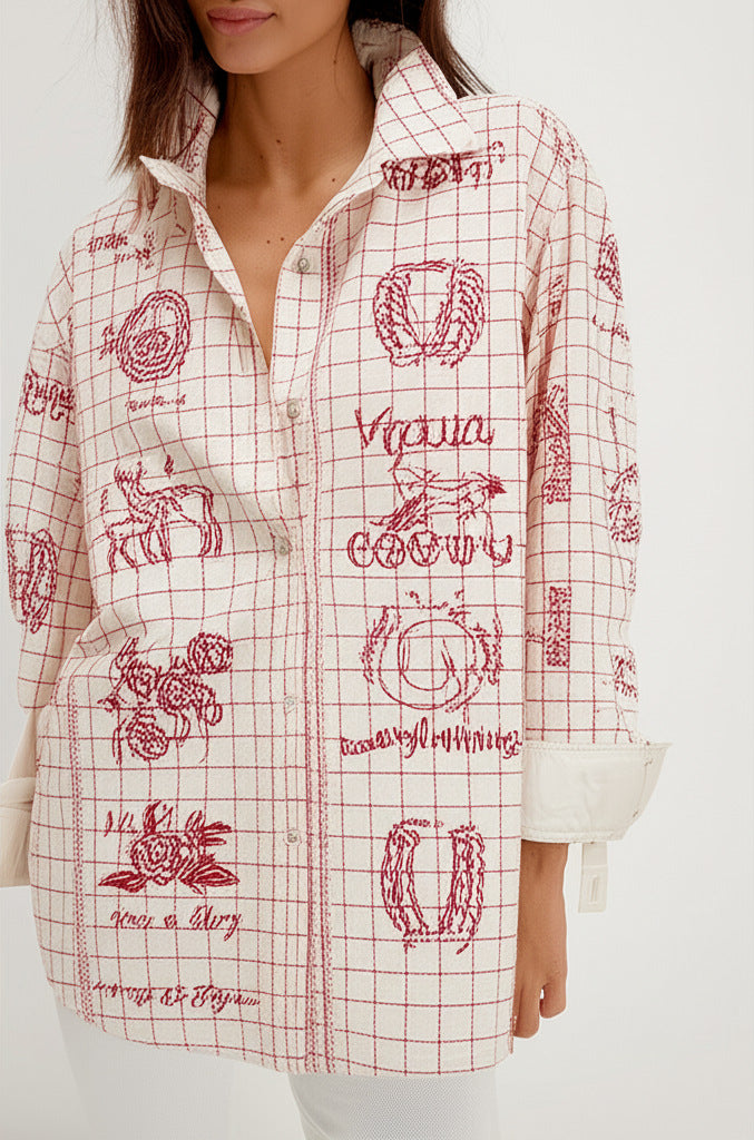 Western Sketch Grid Print Oversized Shirt - Red