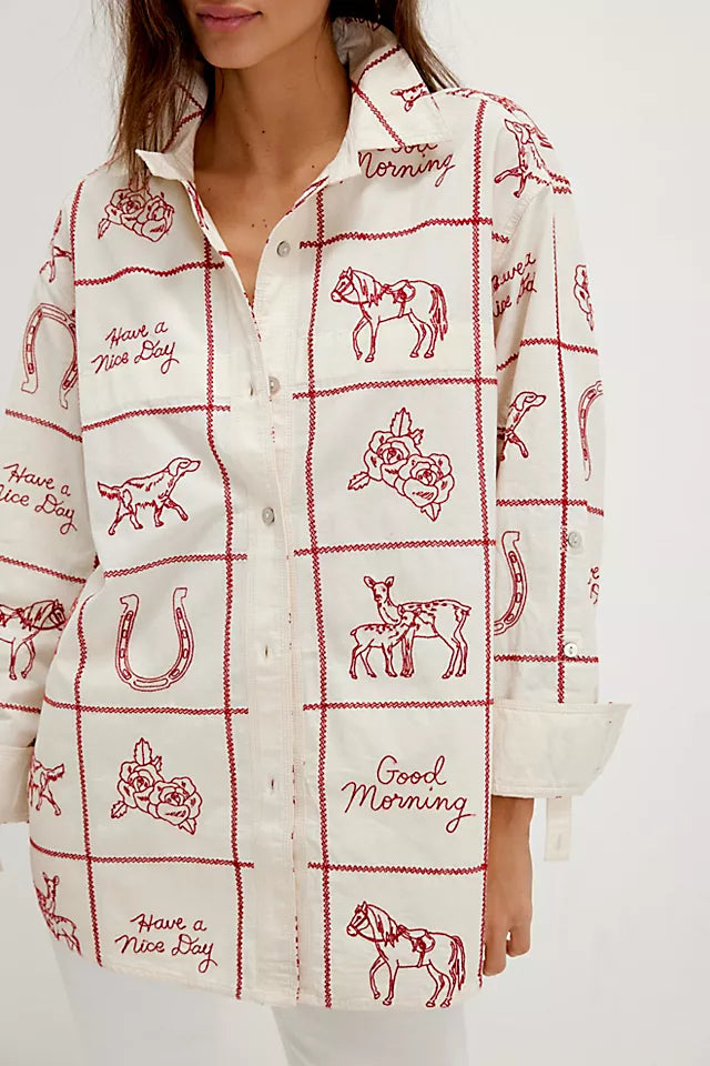Western Sketch Grid Print Oversized Shirt - WineRed