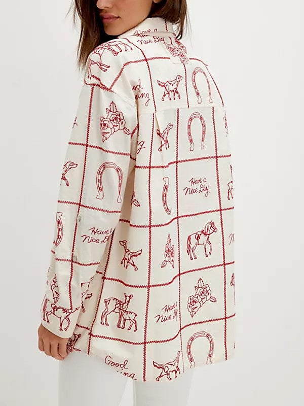 Western Sketch Grid Print Oversized Shirt - WineRed - 1