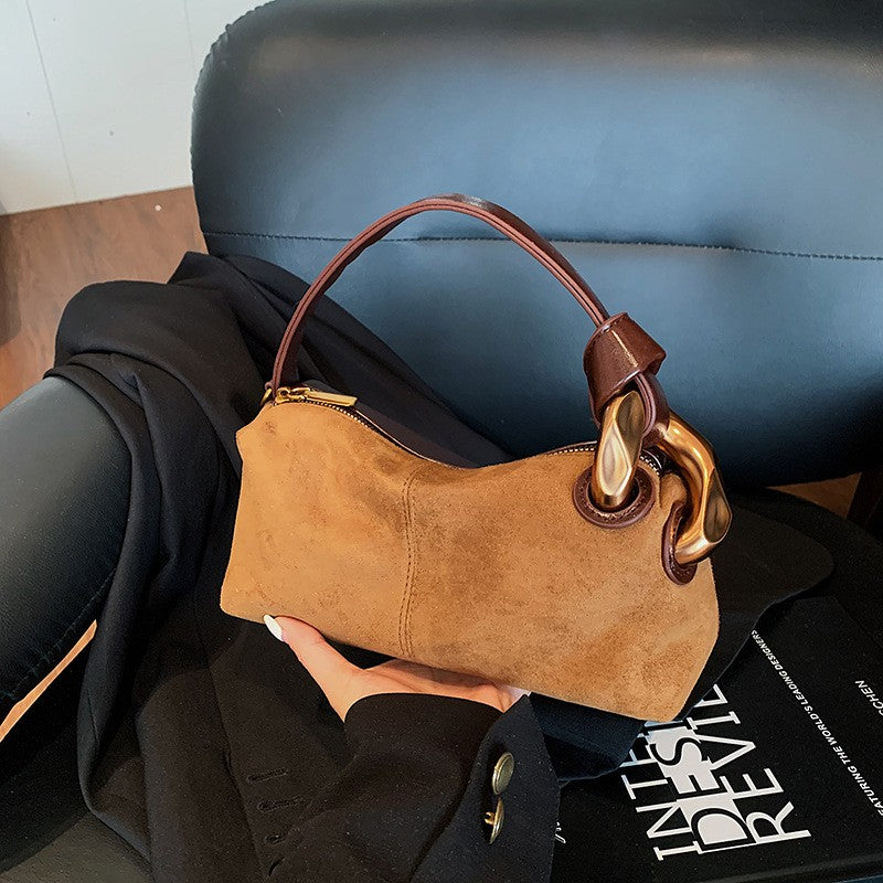 Mini Pillow Top Handle Bag with Chunky Links - Camel Suede