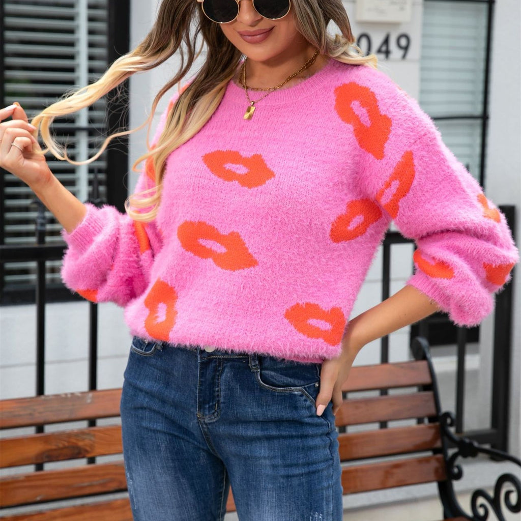 Fuzzy Knit Lip Motif Crewneck Sweater - Rosered